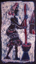 Woman pounding grain, batik, Burkina Faso