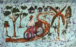 Village and bicyclist, batik, Kenya