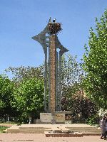 Monument with Berber script and crane, El Hajeb, Morocco