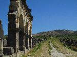 Decumanus Maximus (road), looking towards Tangiers Gate (north gate), Volubilis Roman Ruins, Morocco