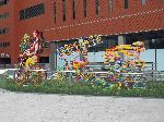 David Gerstein bicycle art, Seoul, "Rider with Flowers", "Ladder Man" and "Armstrong"