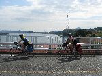 Bicycling across the bridge from the mainland to Geoje Island, Korea