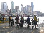On board Washington State Ferry with Seattle skyline in the background
