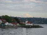 Alki Point Lighthouse and Mt Rainier, from Washington State Ferry, Elliott Bay