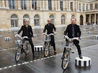 Sting, Stewart Copeland and Andy Summers of The Police, bicycling