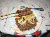 plate of beans, fried banana and barbequed meat, Bamako