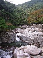 Scenic river with Chinese characters carved in rocks, Gayasan National Park, Korea