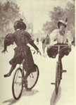 Women bicycling in bloomers in the late 19th century.